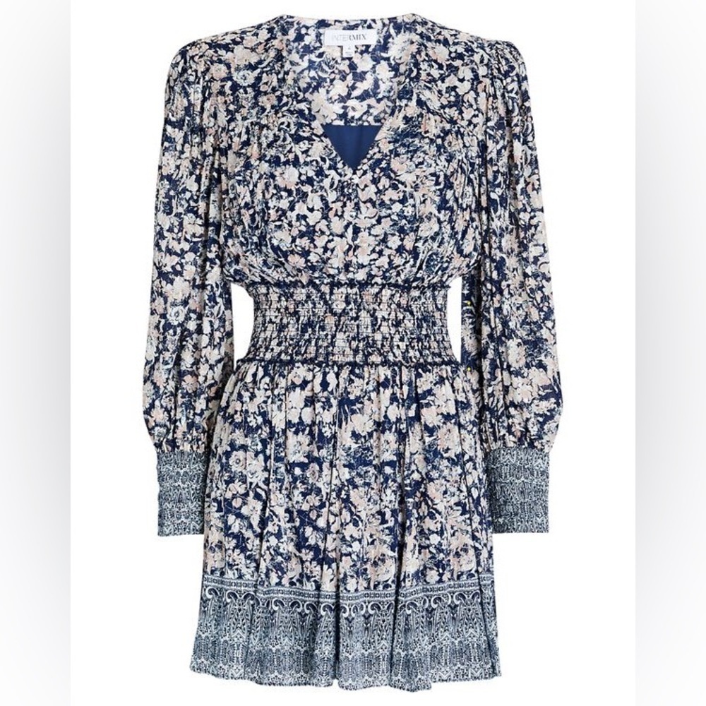 855 Intermix Lana Floral Smocked Mini Dress Size 2 Color Blue - Picture 5 of 12